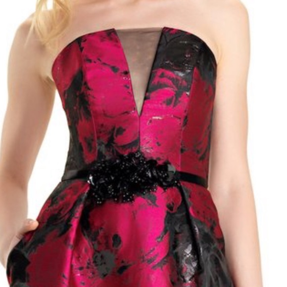 Theia strapless deep V illusion insert SILK  jacquard long Gown - Picture 2 of 6